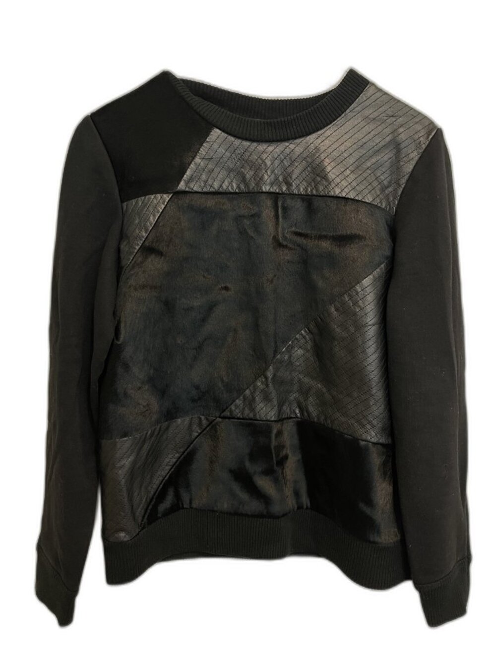 Theory Sweatshirt — Lamb Fur & Leather Front Panels — Black — Size Petite